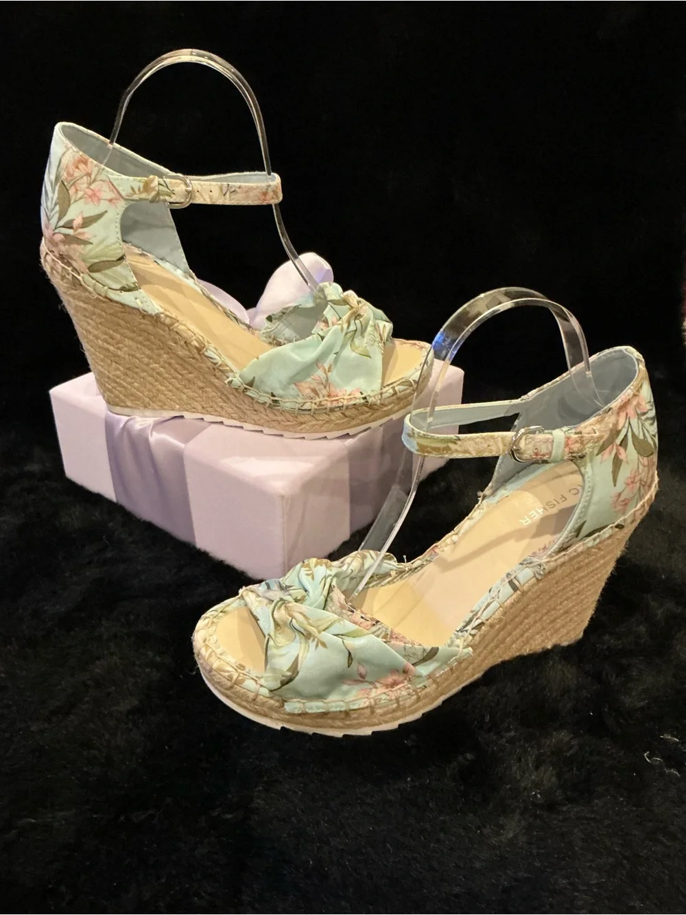Marc Fisher Floral Light Blue Espadrille Wedge Sandals Size 8.5